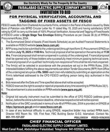 Faisalabad Electric Supply Company Limited Faisalabad Tender Notice